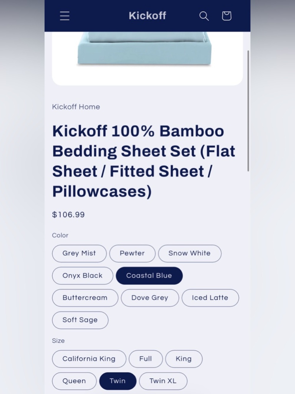 Kickoff 100% Bamboo Bedding Sheet Set Coastal Blue Twin Cooling 300TC Organic - Picture 2 of 4